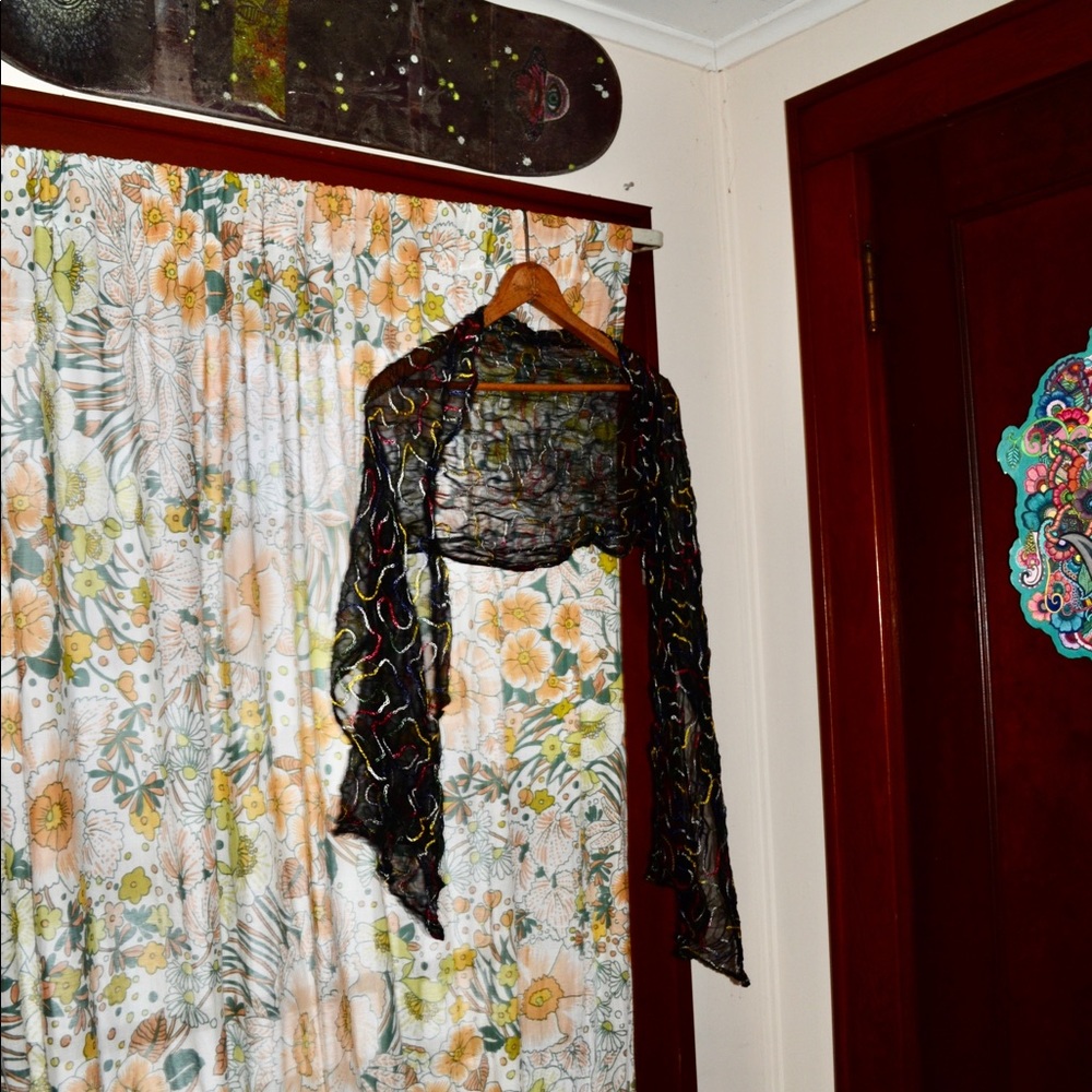 Vintage Black Sheer Scarf with Rainbow Embroidery